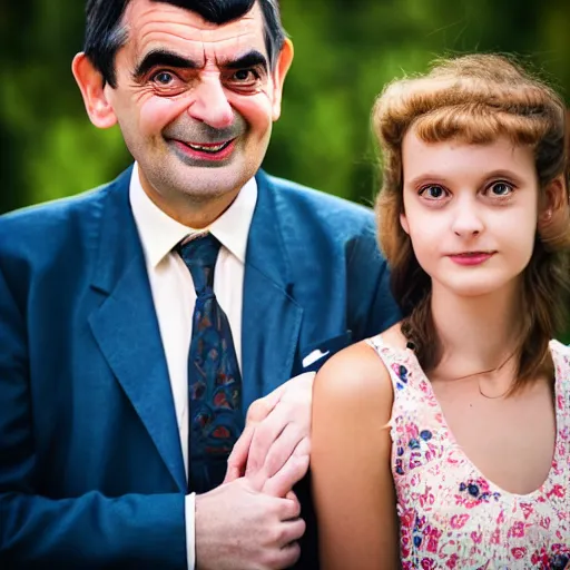 Image similar to A portrait mr bean elizabeth teams up with a teenage mr bean, perfect faces, 50 mm, award winning photography