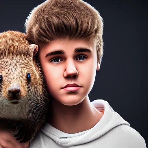 Image similar to hyperrealistic dslr film still of justin bieber holding his pet beaver, stunning 8 k octane comprehensive 3 d render, inspired by istvan sandorfi & greg rutkowski & unreal engine, perfect facial symmetry, dim volumetric cinematic lighting, extremely hyper - detailed, incredibly real lifelike attributes & flesh texture, intricate, masterpiece, artstation, stunning