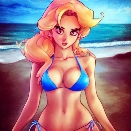 Image similar to beautiful princess peach in a bikini on the beach drawn by artgerm