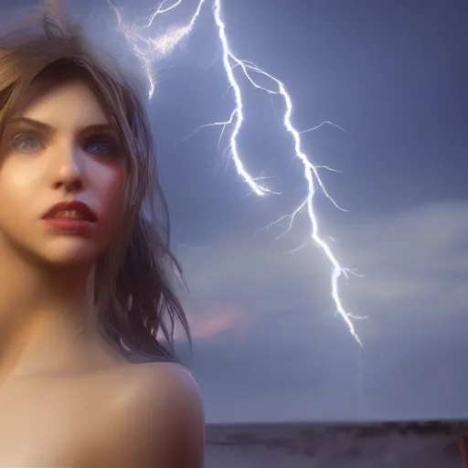 Image similar to hyper realistic lightning storm in a beautiful girl's hand. higly detailed, complex, unreal engine 5.