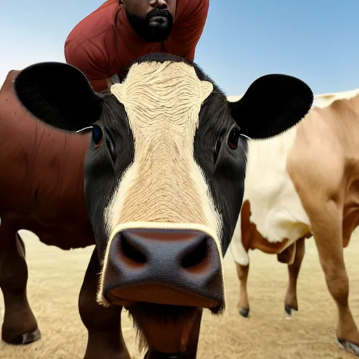 Image similar to kanye west milking a cow, ultra realistic, 8 k, ultra details, highly detailed face, sharp focus