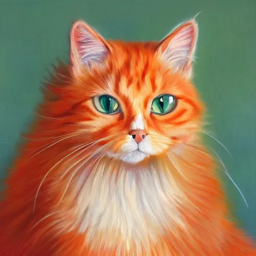 Image similar to oil painting of longhaired light orange and medium orange cat with green eyes, bushy tail, pointy ears, artistic, elegant,