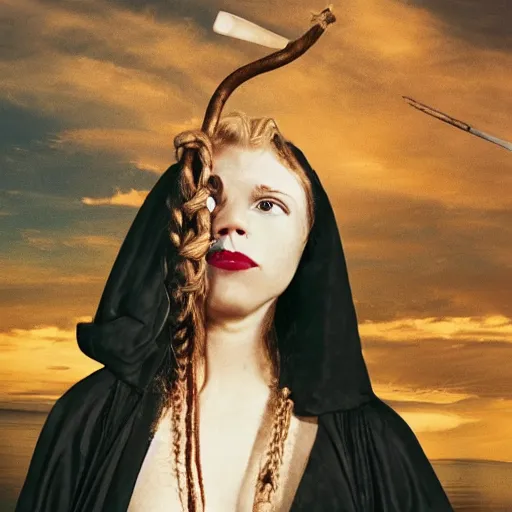 Prompt: a woman curled up in a ball on the deck of a ship, a beautiful english woman with a long face narrow nose pale skin blue eyes red lips and wild messy tangles of curly white blonde hair, high resolution film still wearing a black robe and skull necklace and holding a spear, sandy, a journey to the west