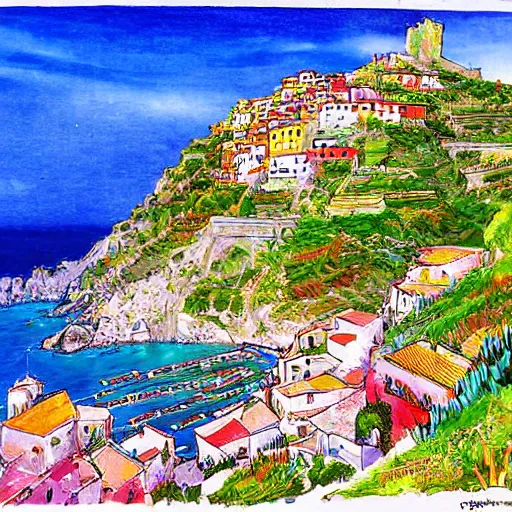 Prompt: illustration, french bande dessinée, final fantasy, mediterranean landscape, quaint village, bright colors, cinq terre, highly detailed, luminous