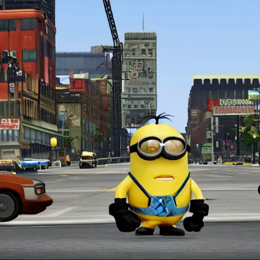 Image similar to screenshot from Grand Theft Auto showing a giant minion attacking the city