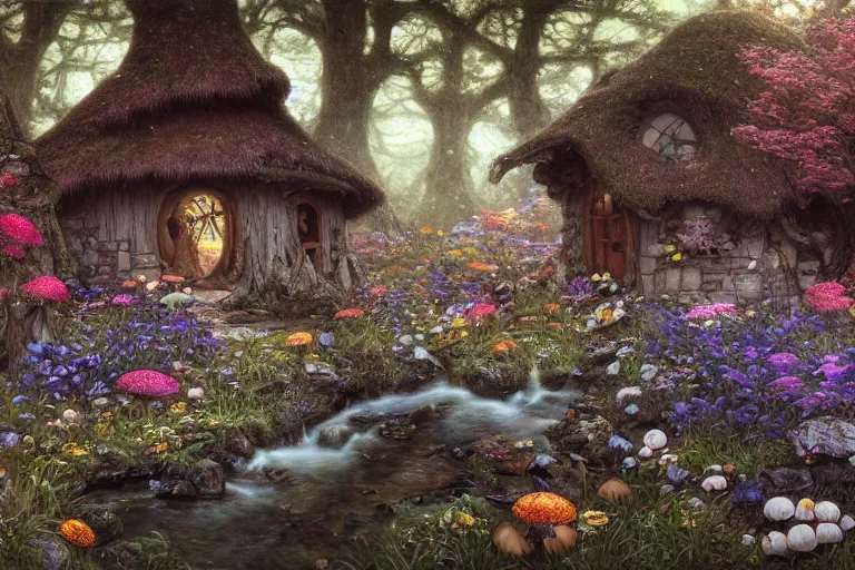 Prompt: wide angle view, a beautiful digital painting of a fairy house made of rocks and mushrooms by a stream, flowers, beautiful tranquil day, by greg rutkowski, gerald brom, marc simonetti, jean - baptiste monge, and alphonse mucha, symmetry, complementary colors, ink illustration, trending on artstation