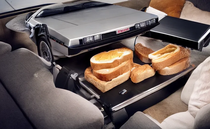 Image similar to a time-traveling delorean styled toaster with toast, bread inserted into slot, professional product shot, magazine ad