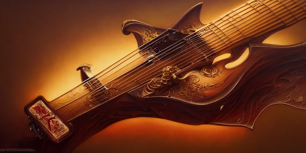 Image similar to a katana guitar by karol bak, james jean, tom bagshaw, rococo, sharp focus, trending on artstation, cinematic lighting, hyper realism, octane render, 8 k, hyper detailed, vivid, ultra detailed, highly detailed