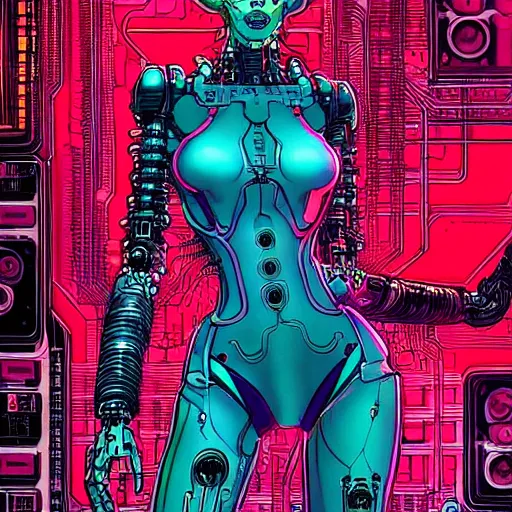 Image similar to a portrait of a beautiful cybernetic woman connected to a synthesizer from hell, wires, cyberpunk concept art by josan gonzales and philippe druillet