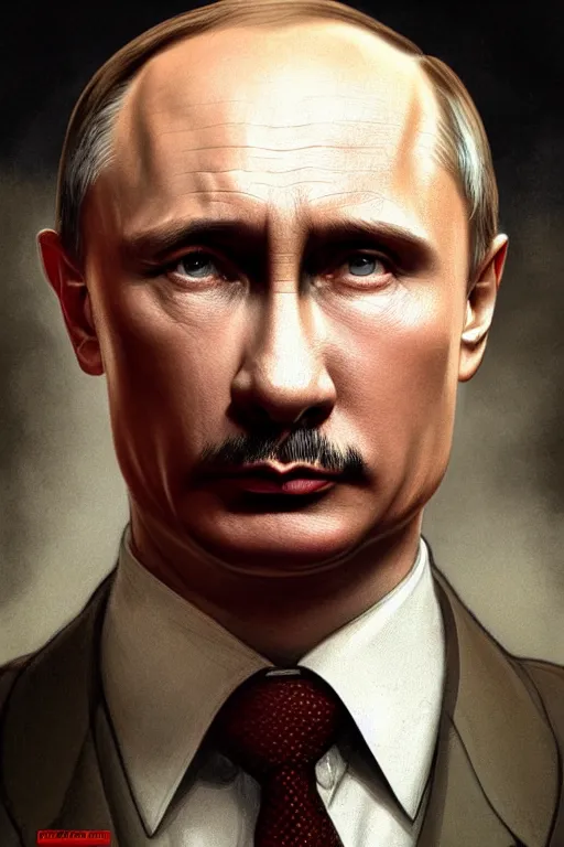 Image similar to vladimir putin as hitler, realistic portrait, symmetrical, highly detailed, digital painting, artstation, concept art, smooth, sharp focus, illustration, cinematic lighting, art by artgerm and greg rutkowski and alphonse mucha