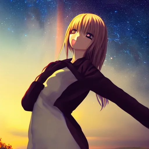 Prompt: anime female, full body, standing looking milkyway, realistic detail, distopic, movie lighting