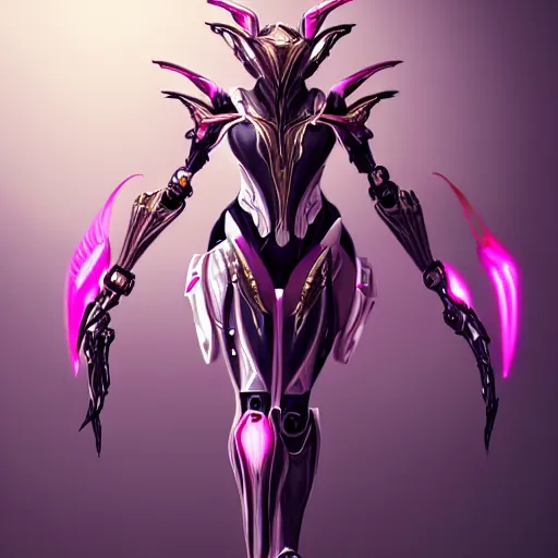 Image similar to highly detailed exquisite fanart, of a beautiful female warframe, but as an anthropomorphic robot dragon, standing elegantly, shining reflective off-white plated armor, bright Fuchsia skin, sharp claws, rear back shot, epic cinematic shot, realistic, professional digital art, high end digital art, DeviantArt, artstation, Furaffinity, 8k HD render, epic lighting, depth of field