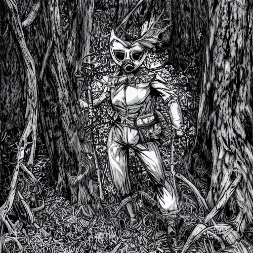 Image similar to hyper-detailed digital painting of a masked man in a dark forest, by kim jung gi