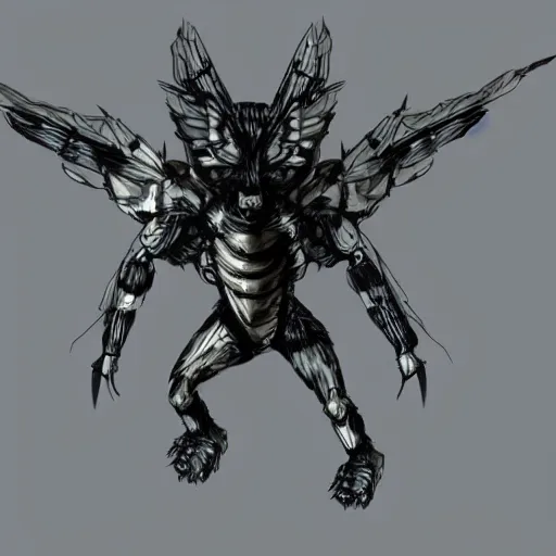 Prompt: A humanoid mosquito wolf, reminiscent of a winged medieval knight. Metal gear solid style.