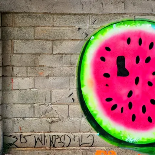 Prompt: a cute and happy watermelon, graffiti, photograph, made by banksy, vivid colors, spray brush, midday, sunny, professional