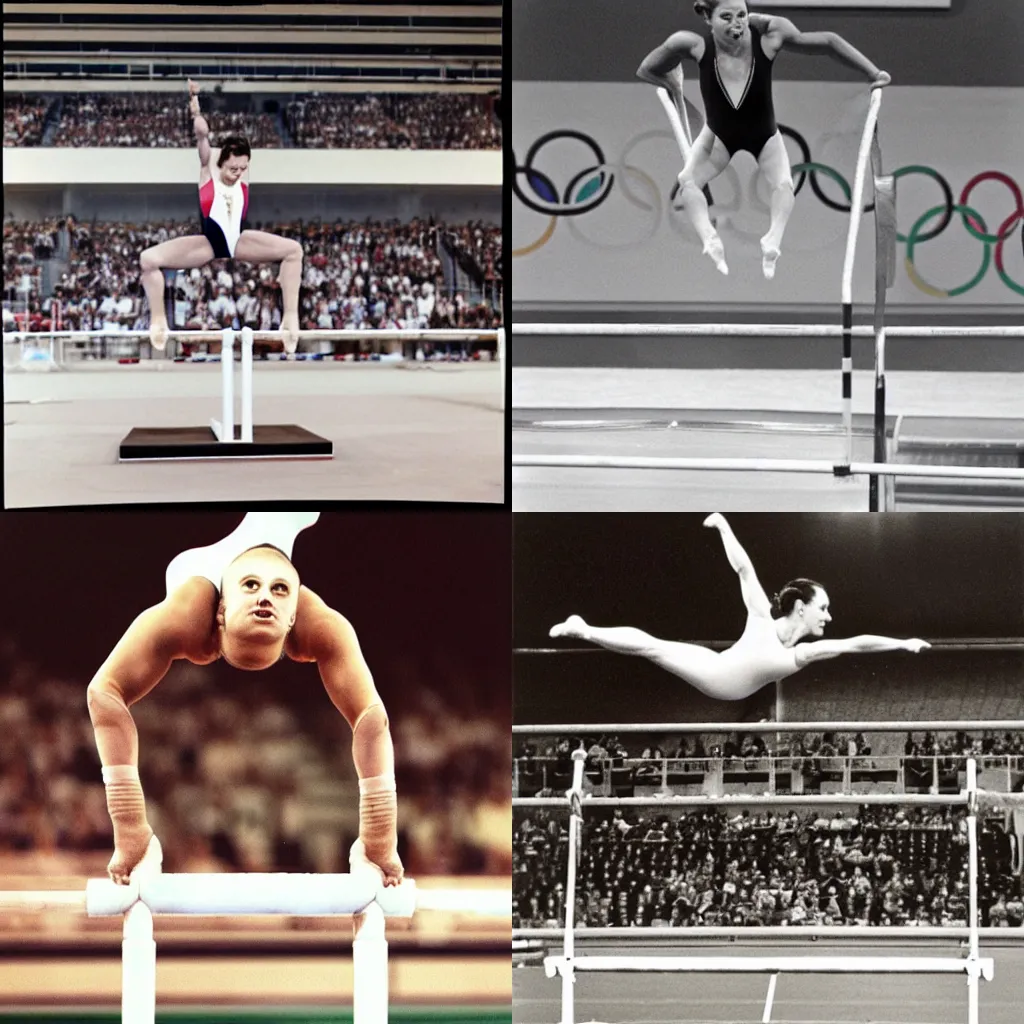 Prompt: queen elizabeth competing in gymnastics at beijing olympics, photography by annie leibovitz