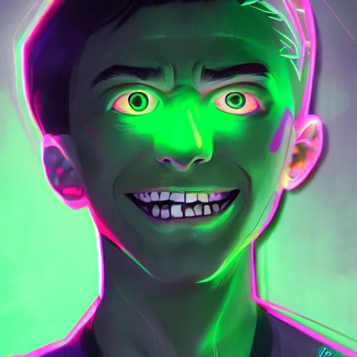 Image similar to a digital matte intricate smiling face illustration concept art, young danny phantom with glowing green eyes cute alt art fashion inspired by charlie bowater and wlop and mark arian and ross tran + neon colors, symmetry, intricate complexity, epic composition, magical atmosphere, highly detailed, cinematic lighting + masterpiece, trending on artstation + 8 k