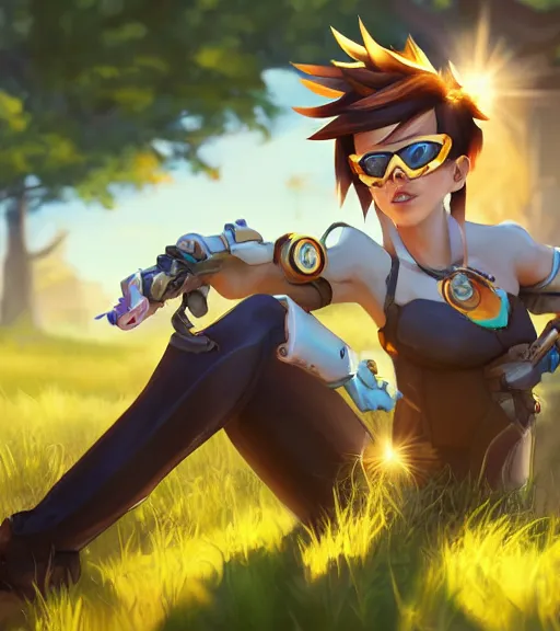 Prompt: oil painting of tracer from the game overwatch, standing in grassy field, smiling while the sun shines down, feminine face, light rays, radiant quality, 4 k, brush strokes, anatomically accurate face, beautiful eyes, peaceful atmosphere, artstation,