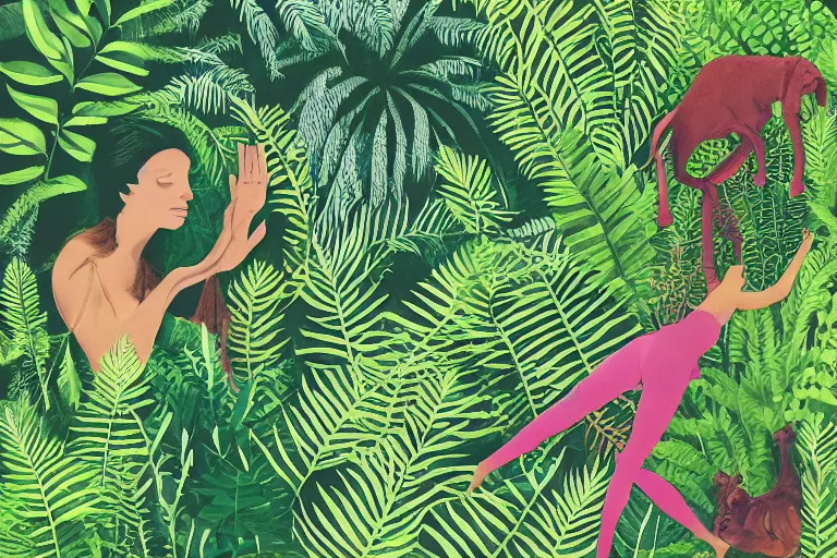 Prompt: yoga practice surrounded by ferns, jungles, animals, relax, calm, by herbert bayer