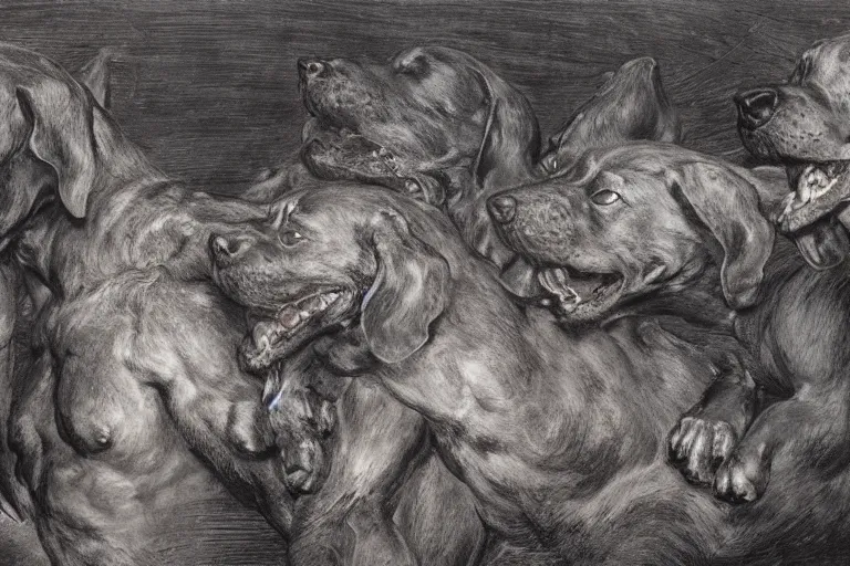 Image similar to hyperdetailed matte art of a three headed dog cerberus by william blake, ilya repin, amano, rene magritte, craig mullins, three headed dog cerberus, details