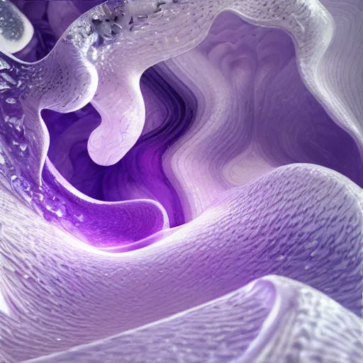 Image similar to 3 d fluid simulation render, octane render, xparticles, white colors, female bodies, white carved abstract sculpture, amethyst mineral quartz, swirly curls, abstract white fluid, golden edges and fractals