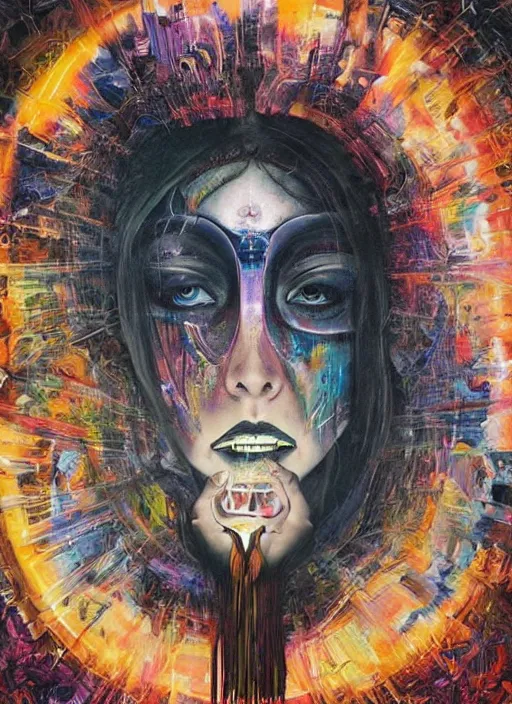 Image similar to enlightened cult psychic woman performing ritual, symmetrical painted face, third eye, energetic consciousness psychedelic scene, epic surrealism expressionism symbolism, story telling, iconic, dark robed, oil painting, layers on layers on layers, dark myth mythos, by Sandra Chevrier , Bruce Pennington, masterpiece