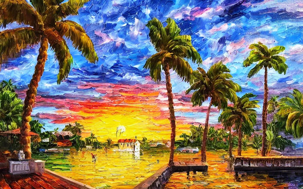 Image similar to a very tiny island surrounded by water with a cute cozy cottage with a terrace, a paved garden courtyard with benches and a fountain, palm trees, river, sunset, puffy clouds, dramatic and dynamic lighting, thick brush strokes oil impasto painting