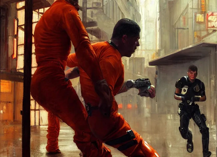 Image similar to Javier evades sgt Nash. Cyberpunk boxer in orange jumpsuit escaping menacing police troopers (blade runner 2049). attractive face. Epic painting by john william waterhouse and Edwin Longsden Long and Theodore Ralli and Nasreddine Dinet, oil on canvas. Cinematic, hyper realism, realistic proportions, dramatic lighting, high detail 4k