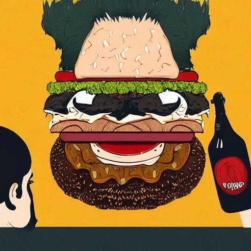 Prompt: beard man angry with italian burger. symmetrical anatomy, hyperdetailed, digital art, baroque, pop punk art style, poster style, illustration, fantasy, full body pictures, without duplication, dribble popular, unreal engine, drawn by ilya kuvshinov and vinicius gud and gustavo zambelli, intricate, balance rendered.