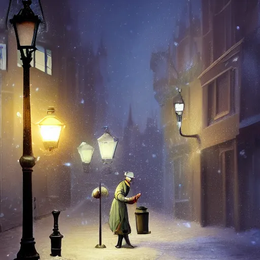 Prompt: a lamplighter on a victorian london street lighting wics with a butane lighter, snowy town, dynamic lighting, photorealistic fantasy concept art, trending on art station, stunning visuals, creative, cinematic, ultra detailed