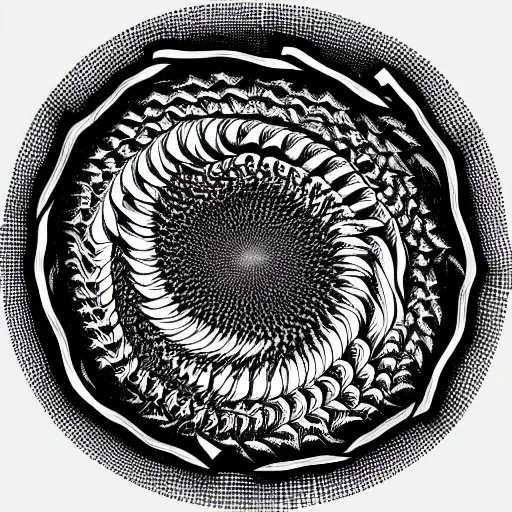 Prompt: a whirlpool of fish by mc escher, black and white, highly detailed