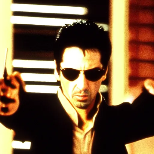 Prompt: Al Pacino as neo in the matrix, wide shot.