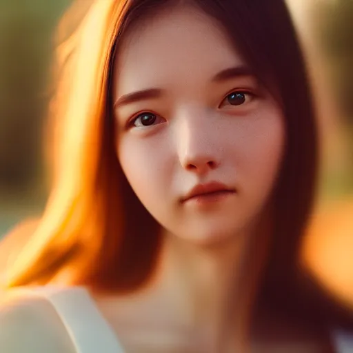 Prompt: beautiful hyperreal portrait of a cute woman, very detailed face, golden hour, soft focus, 8 k, portra 4 0 0