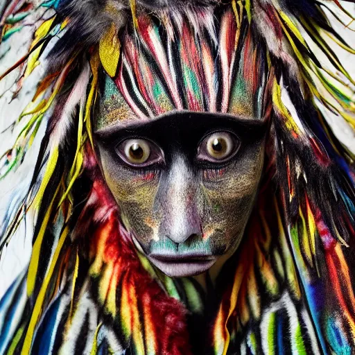 Image similar to a photography of a shamanic creature with big painted eyes and multiple layers of fabric and fur by charles freger