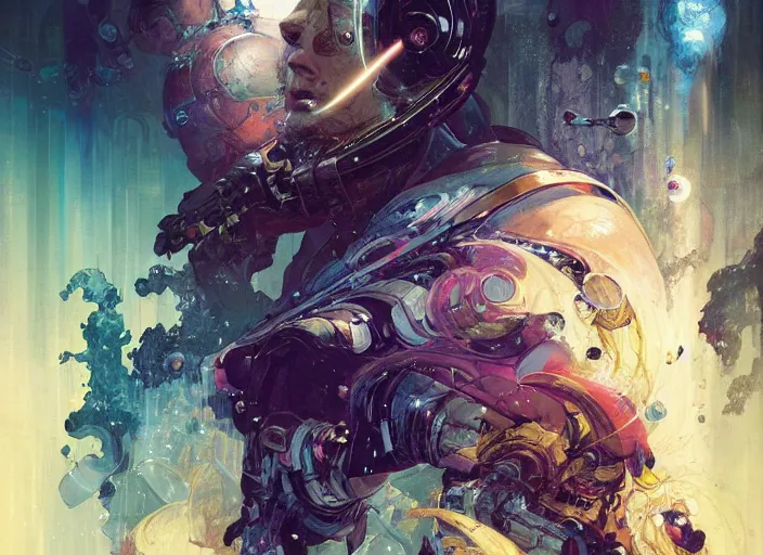 Prompt: joel kinnaman as a warrior surrounded by intergalactic planets connected by streams of magical flow, visually stunning, luxurious, by james jean, jakub rebelka, tran nguyen, peter mohrbacher, yoann lossel, wadim kashin