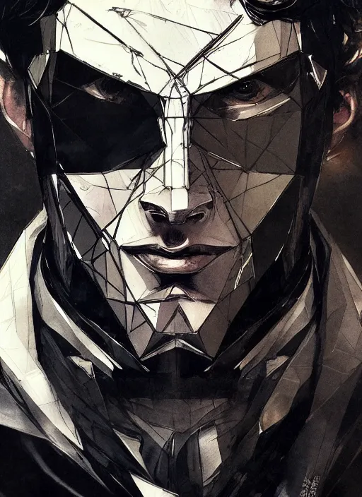 Image similar to Half body portrait of a god of intellect, a man in a tuxedo wearing a shattered mirror mask. In style of Yoji Shinkawa and Hyung-tae Kim, trending on ArtStation, dark fantasy, great composition, concept art, highly detailed, dynamic pose.