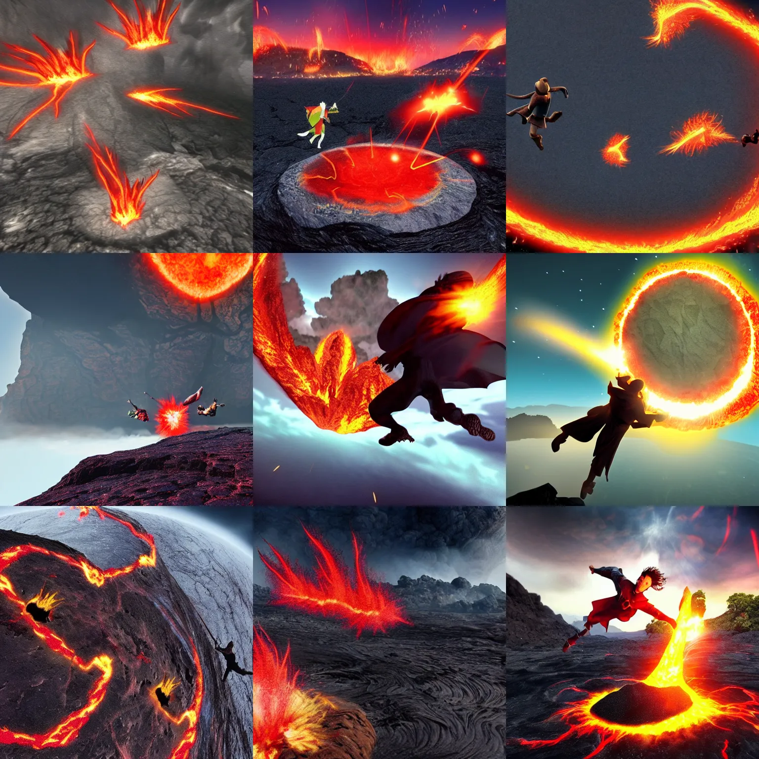 Prompt: two wizards fighting midair and falling towards the center of the Earth, lava in the background, epic, dramatic, cinematic
