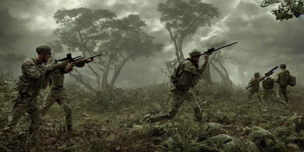 Prompt: A photo of 1960\'s US soldiers shooting at an eldritch monster in the jungle during a thunderstorm. highly detailed, cinematic lighting, 8k