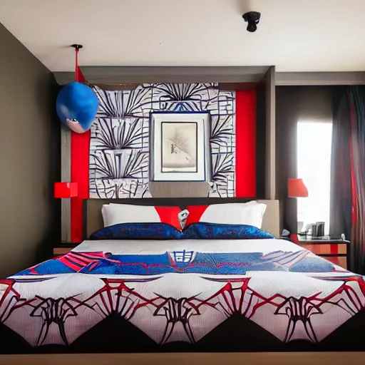 Prompt: designer photography of hotel room themed to spider - man motif. bed has spider - man blankets. wall has spider - man pattern. furniture has spider - man motif. furniture is shaped like spider - man furniture. carpet has spider - man motif. lighting has spider - man film shapes