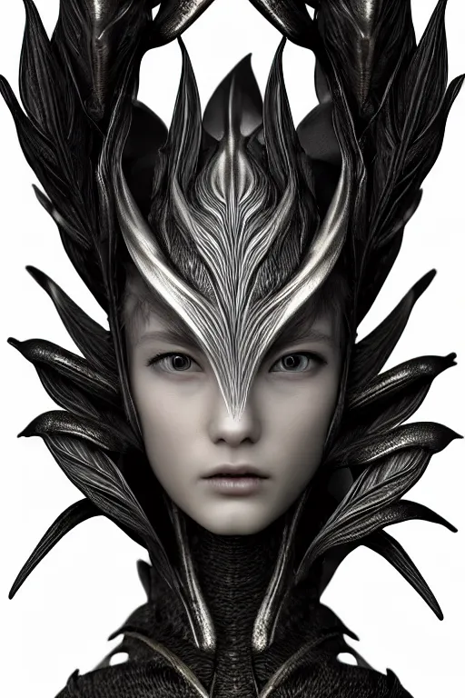 Image similar to bw close - up profile face, black background, beautiful young porcelain vegetal - dragon - cyborg - female, 1 5 0 mm, beautiful natural soft rim light, silver gold details, magnolia leaves and stems, roots, mandelbot fractal, elegant, ultra detailed, white metallic armour, octane render, h. r. giger style