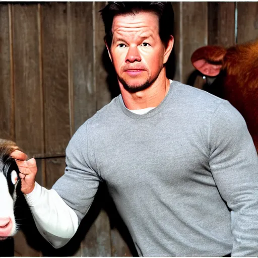 Image similar to mark wahlberg talking to farm animals