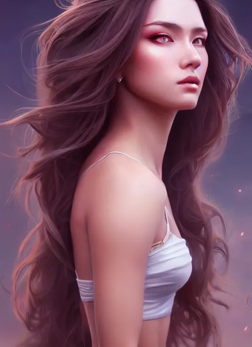 Image similar to a gorgeous female with long soft hair in the style of stefan kostic, realistic, full body shot, wide angle, sharp focus, 8 k high definition, insanely detailed, intricate, elegant, art by stanley lau and artgerm, floating embers