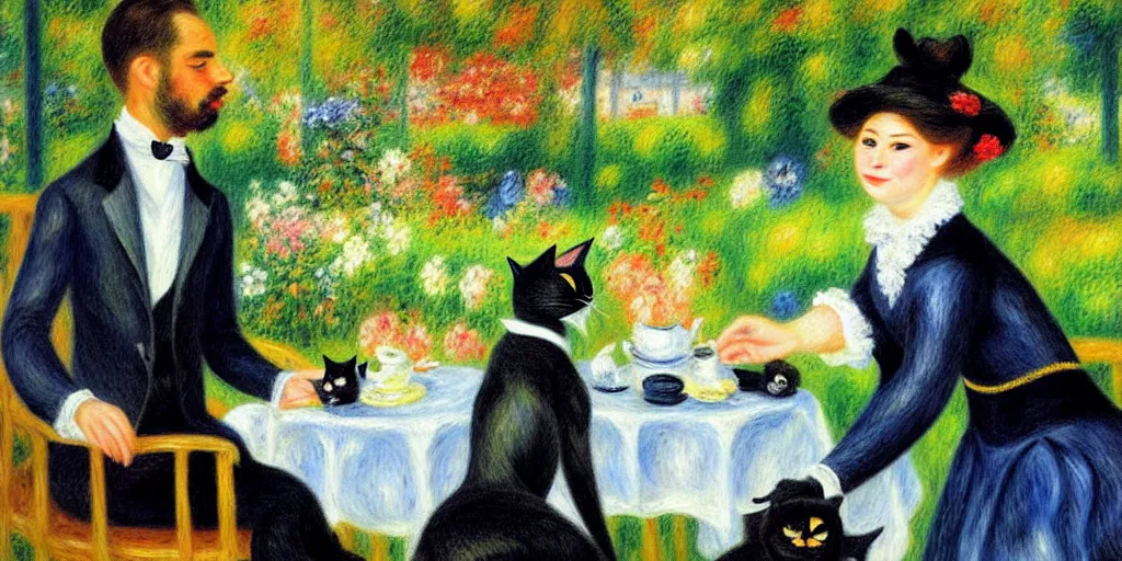 Image similar to anthropomorphic black cat in a suit serving tea to a lady in a beautiful blue dress, garden, flowers, lake, pale colors, anthropomorphic cat, sunny, sharp focus, highly detailed, impressionist, art by Pierre-Auguste Renoir, painting, masterpiece