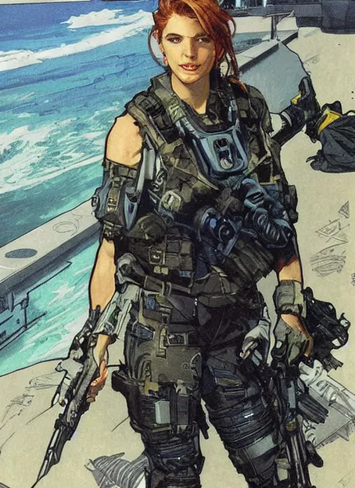 Image similar to Sonya. USN blackops operator emerging from water at the shoreline. Agent wearing Futuristic stealth suit and looking at an abandoned shipyard. rb6s, MGS, and splinter cell Concept art by James Gurney, Alphonso Mucha. Vivid color scheme.