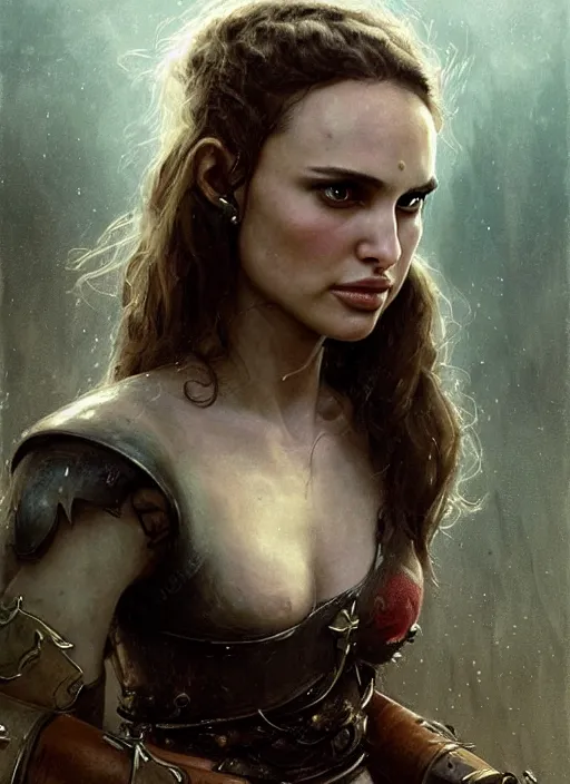 Image similar to young natalie portman, legendary warrior, fighter, lord of the rings, tattoos, decorative ornaments, battle armor, carl spitzweg, ismail inceoglu, vdragan bibin, hans thoma, greg rutkowski, alexandros pyromallis, cute, perfect face, detailed, sharply focused, centered, rule of thirds, photorealistic shading