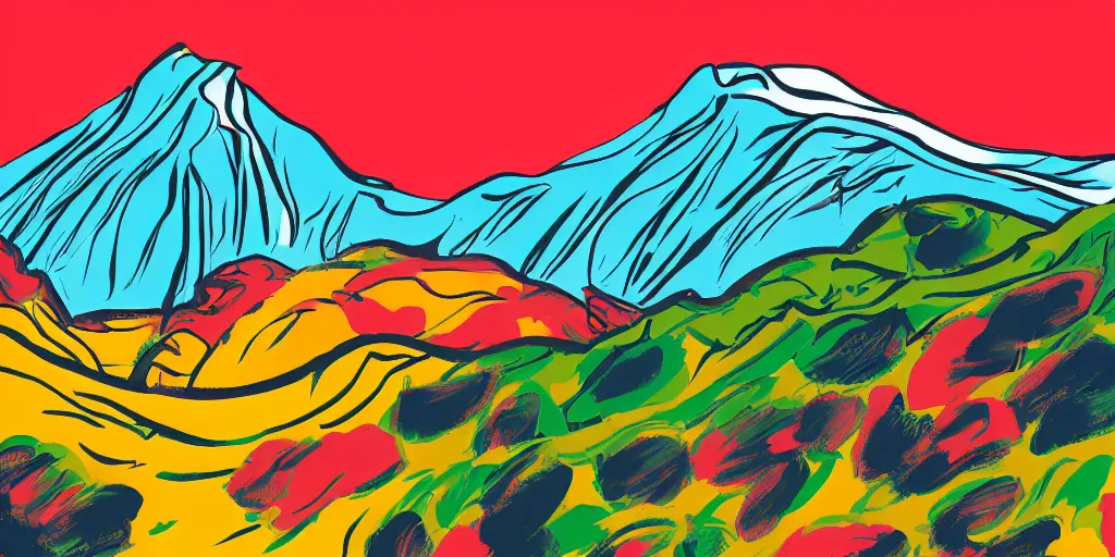 Image similar to pop art illustration of a mountainscape at day