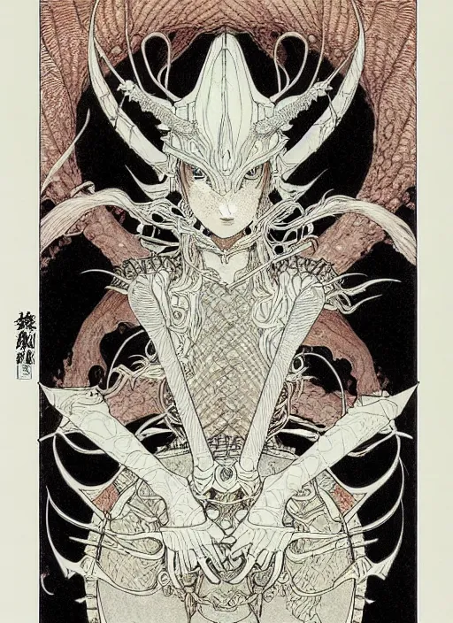 Image similar to prompt: Fragile looking vessel portrait soft light drawn by Takato Yamamoto, inspired by Fables, ancient dragon knight armor decoration, magical and alchemical objects on the side, soft light, white background, intricate detail, intricate oil painting detail, sharp high detail, manga and anime 2000