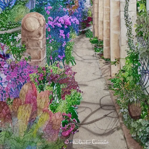 Image similar to delicate boundary walls coastline garden on paper, spirals, stony, floating, puffy, vines, botanical herbarium, botanic watercolors, iridescent, 8 k wide angle, realistic shaded, fine details, artstation, italian, rainbow, colonnade, oak, pinecone, pomegranade, vines, gardena architecture, pompeian, sicilian