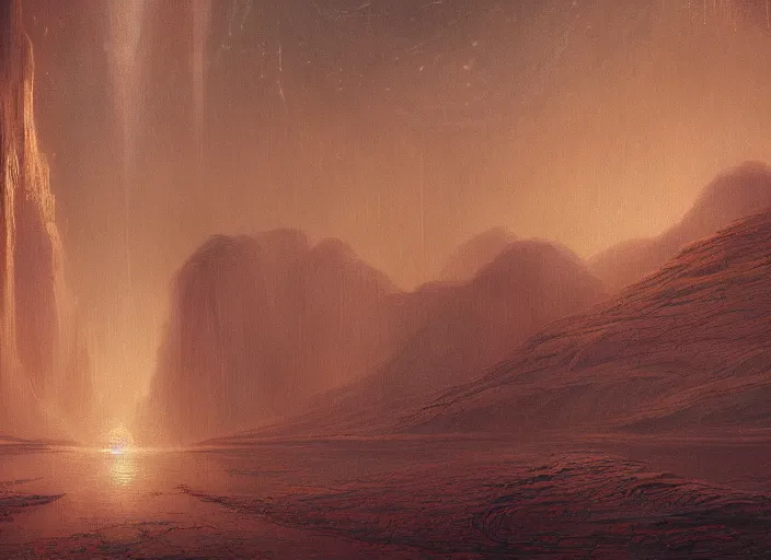 Prompt: water canals on planet mars, by jean delville and sophie anderson and mandy jurgens, retrofuturism, moody atmosphere, cinematic atmospheric, cinematic lighting, golden ratio, perfect composition, elegant, no crop, extremely detailed, 4 k, hd, sharp focus, masterpiece, trending on artstation