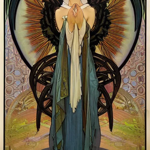 Prompt: seraphim with 6 wings covered in eyes, trending on artstation, by alphonse mucha